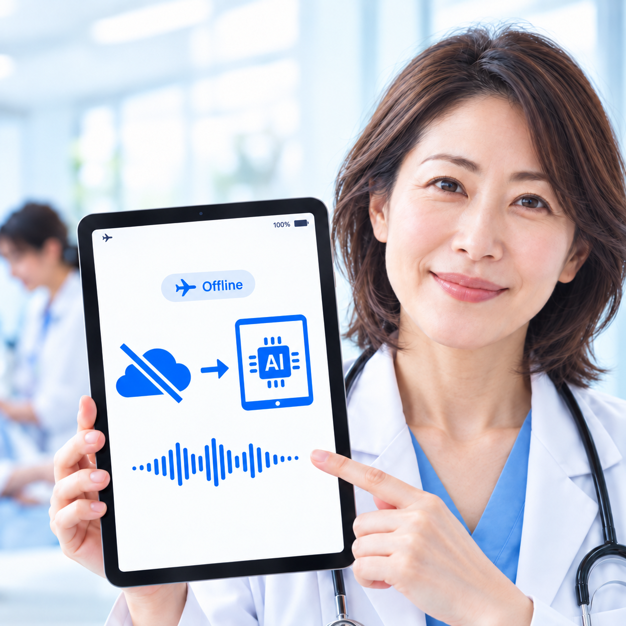 クラウドを使わず、タブレット内のAIでオフライン処理することを示す画面を持つ医師