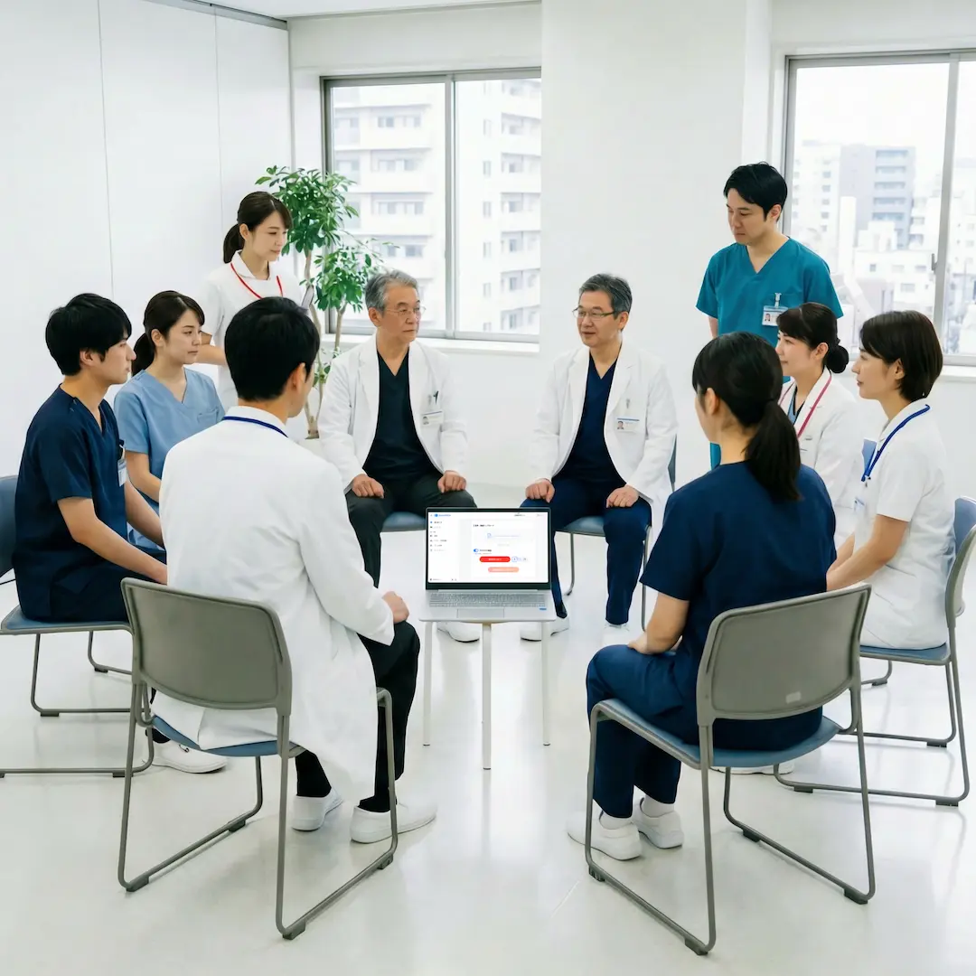 医者と看護師が会議(カンファレンス)している様子。真ん中のパソコンはモコボイスが起動している。