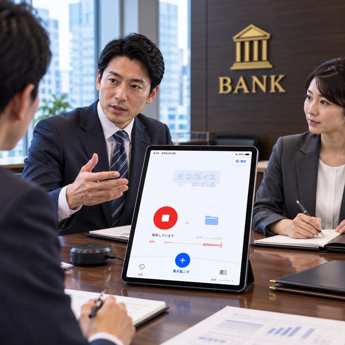 銀行の窓口でモコボイスを使う様子