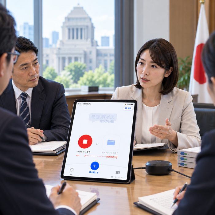 議事堂を背景に官公庁の会議室でモコボイスを使う様子